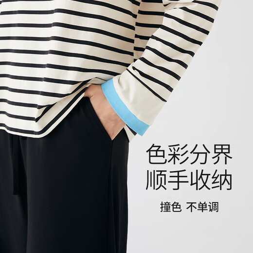 Chundu Couple Pajamas Women's Spring and Autumn Pure Cotton Striped Long Sleeve Autumn Home Clothing Men's Suit Thin Black and White Stripes/Black (Women's Style) 2XL