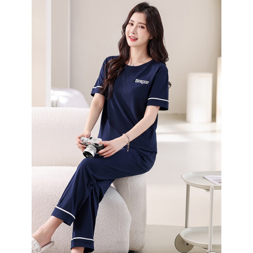 浪莎睡衣女夏季纯棉短袖薄款2025年新款夏天休闲全棉可外穿长裤家居服 7374豆绿 M 80-100斤