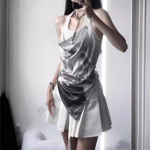 
Chaomengcheng American retro sexy hot girl fake two-piece sleeveless shirt for women in summer new tight outerwear vintage printed top XZ#9227 White S