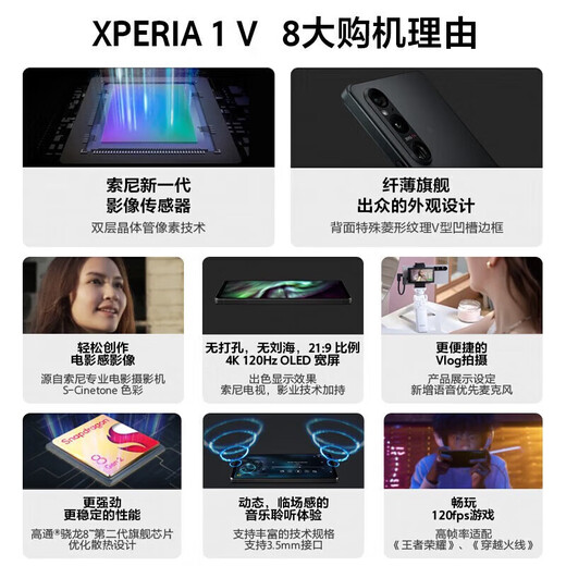 索尼（SONY）Xperia 1V 马克五代 5G智能手机 4K 120Hz超清高刷屏 电影感影像专业拍照调校 超薄直屏 3.5耳机孔 雾银 12GB+256GB 港版