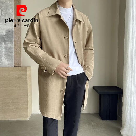 Pierre Cardin 2026 new spring and autumn trendy new mid-length single-breasted jacket, simple, handsome, versatile, loose windbreaker for men, khaki 2XL