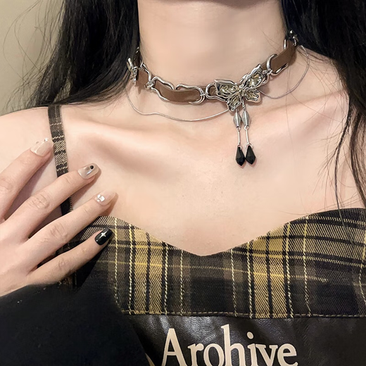 CLCEY重工水晶蝴蝶choker高级感颈链项圈女项链美拉德配饰 琥珀复古蝴蝶项链X3889 S