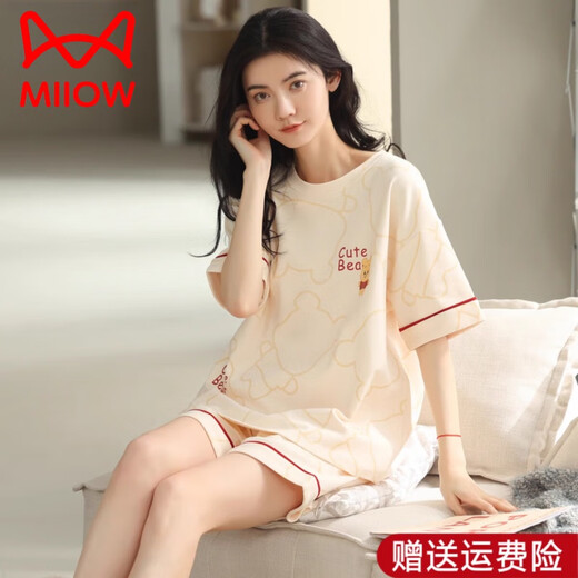 猫人（MiiOW）睡衣女款夏季纯棉短袖短裤甜美薄款全棉休闲学生家居服套装 YZ9892 100纯棉 9851 M 【 建议80-100斤穿】