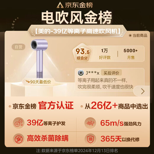 Midea high-speed hair dryer, 3.9 billion plasma hair care, household negative ion hair dryer, sterilization and head mite removal hair dryer FG208 purple, national subsidy, holiday/birthday gift