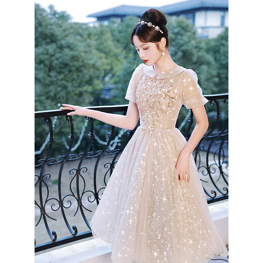 Zhufan high school student adult dress female champagne color evening dress light luxury niche high-end 2025 new host art test style A mid-length XS