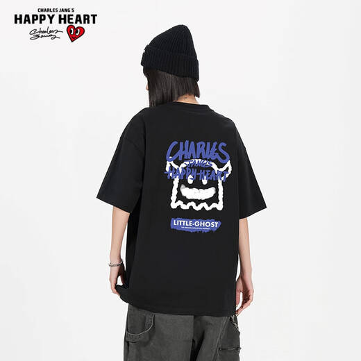 T-shirts Charles Peach Heart pour hommes et femmes, petit monstre imprimé en coton pur couple de base de base de base courte, noir m