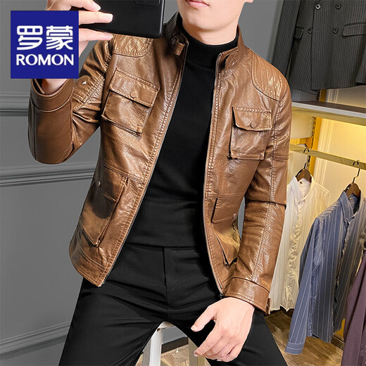 ROMON Men's Leather Jacket Pu Leather Motorcycle Jacket Spring and Autumn 2025 New Men's Top Spring Handsome Men's Black Velvet 2XL Recommended 150Jin Jin is equal to within 0.5kg