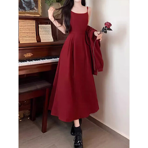 Hao'e Retro Red Dress Set Chinese Style Plate Button Red New Chinese Top Dress Two-piece Set Splicing Plate Button Dress Two-piece Set Red M