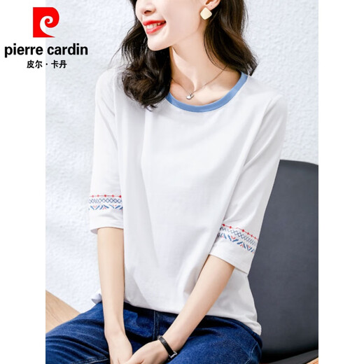T-shirt Pierre Cardin Cotton Pure Coton blanc à manches mi-manches pour les femmes 2025 Été Nouveau manche à trois quarts à manches courtes et à manches courtes à manches courtes et à manches courtes 1xs328 Blanc + W6172 Blue glacée M 80-105Jin [Jin est égal à 0,5 kg]