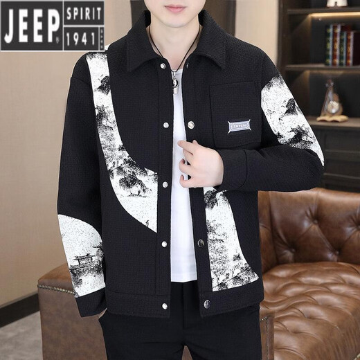 JEEP SPIRIT夹克男士春秋季新款潮牌撞色拼接休闲外套设计感翻领百搭男款上衣 9901黑色 M (约85~105斤可穿)