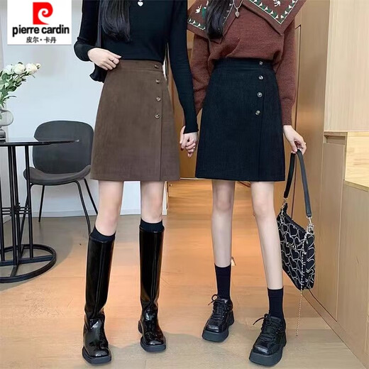Pierre Cardin Large Size Corduroy Skirt Autumn and Winter Women's High Waist Irregular Mid Skirt Fat mm Slimming Belly Covering A-Line Skirt Short Skirt Brown M Recommended 90-100 Jin Jin equals 0.5 kg