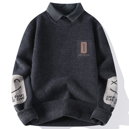 
Dragon Peach Shirt Collar Sweater Men's Autumn and Winter Style Plus Fleece Thickened Fake Two-Piece Sweater Men's Loose Casual Inner Woman M9901 Khaki 2XL