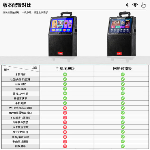 Konka square dance audio with display screen wireless microphone Bluetooth home singing karaoke all-in-one outdoor performance live broadcast song video high volume mobile trolley speaker 29-inch touch version + 2 microphones + 32GU disk