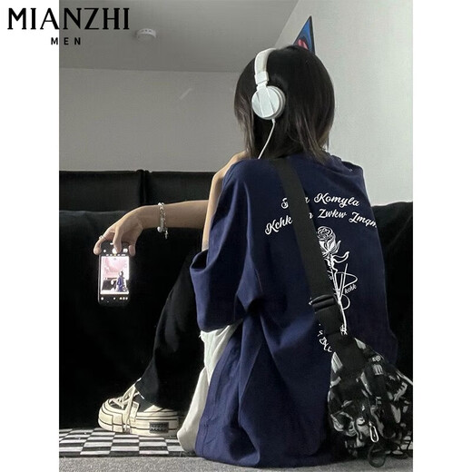 棉致重磅纯棉圆领短袖T恤女夏季宽松印花五分半袖薄款休闲上衣打底衫 B11979藏青色【高品质18.5】 L 100-115斤