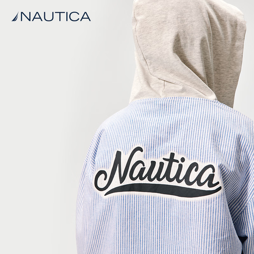 NAUTICA children's clothing boys and girls thin coat spring and autumn spliced hooded vertical striped shirt big children's clothes blue strip 170