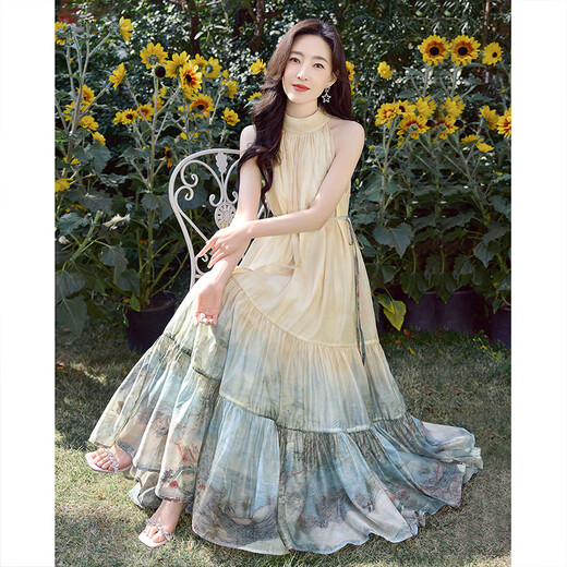Silk Cypress House [mismo modelo en celebridades] Falda de cabestro de línea A 2025 Summer nuevo Vestido impreso de manchas para mujeres
