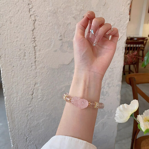 Natural Madagascar Rose Quartz Bracelet for Women Hibiscus Stone Horse Pink Crystal Pixiu Bracelet Lucky Peach Blossom Bracelet Rose Quartz + Moonstone 13cm