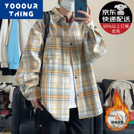 YOOOURTHING美式复古格子衬衫男长袖春秋冬加绒加厚宽松情侣百搭休闲衬衣外套 CJ9734-玫红 加绒 XL (建议125-145斤)