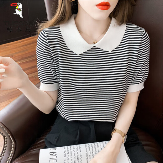 Cuello de muñeca rayada de carpintero Camiseta de miética de seda de hilo de altura de manga corta Sweet Sweater Sweater Sweater delgada pequeña DX691# Amarillo S RECOMENDO 80-100JIN [Jin iguala 0.5 kg]