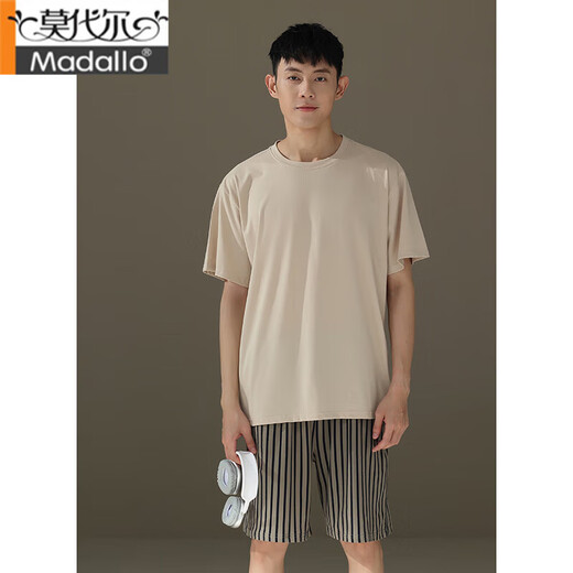 莫代尔男士睡衣夏季纯棉薄款圆领短袖青少年宽松休闲简约条纹短裤家居服 男款15838 L