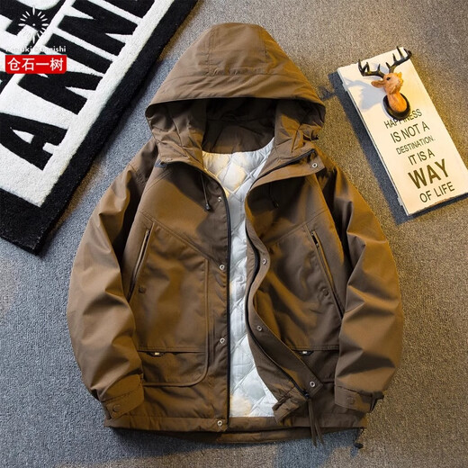 Kuraishi Kazuki trendy brand winter cotton clothing for men, thickened and velvet, outdoor warm and windproof work clothes, warm cotton coat jacket for men, black XL