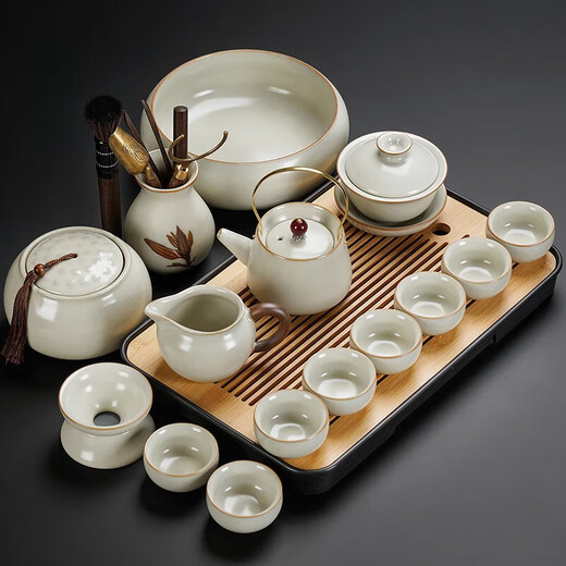 Teapot set with tea tray 2025 new Ru Kiln Kung Fu tea set ceramic covered bowl tea cup tea light Ru Kiln Xingyun covered bowl six-cup set 9 pieces