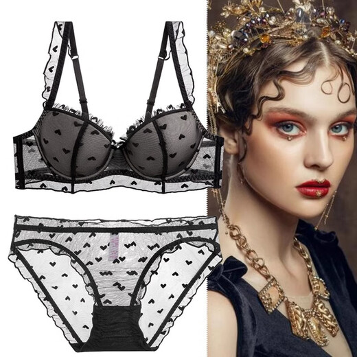 Victoria Palace plus size underwear, sexy ruffled underwear, push-up thin molded cup bra, heart-shaped embellished comfortable bra set, black 80B, default L size underwear