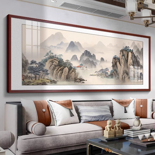Linyu living room hanging painting landscape landscape painting new Chinese style sofa background wall decoration painting tea room office mural ink water flow to make money - B style 120*50cm teak color solid wood frame glossy crystal porcelain style