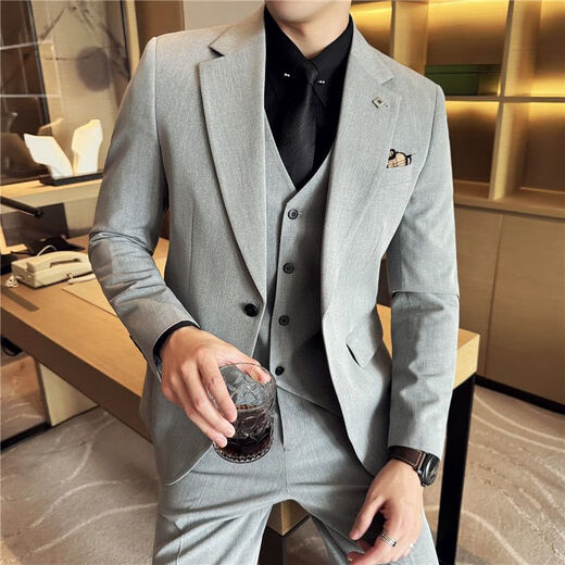 FOSEKI high-end luxury brand men's suit suit men's slim fit business groom Korean style handsome formal jacket wedding dark gray (suit plus trousers) 2XL 140-160Jin Jin is equal to 0.5 kg