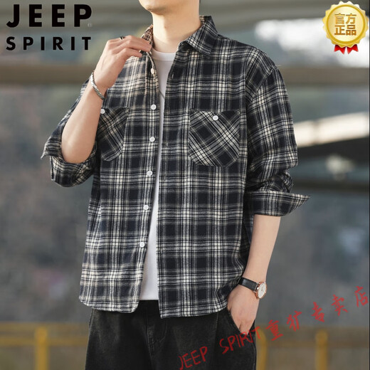 
JEEP SPIRIT American retro plaid long-sleeved shirt for men and women spring and autumn 2025 new loose Korean work shirt jacket trend K12108 white XL