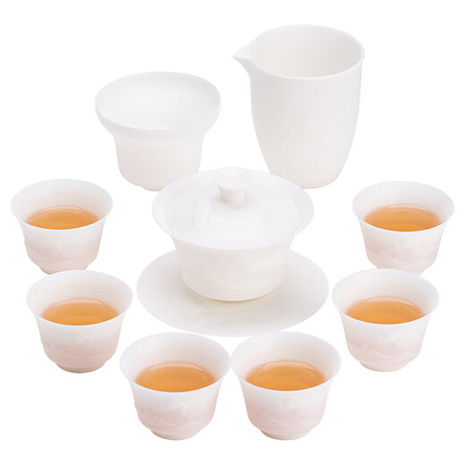 SUSHI CERAMICS mutton-fat jade porcelain ultra-thin body relief mountain and river Sancai Gaiwan Kungfu tea set gift box set