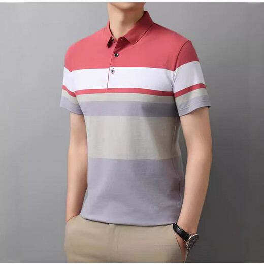 恒源祥男士短袖t恤时尚撞色条纹夏季翻领polo.衫中青年棉质半袖体恤上衣 826粉色 M