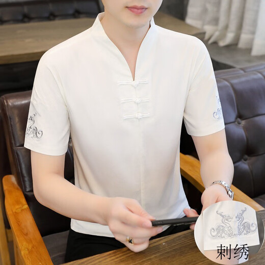 丹俏丽夏季唐装男短袖t恤风盘扣衬衫汉服宽松大码汉服仿棉麻民族风 9871白色 M  90-110斤