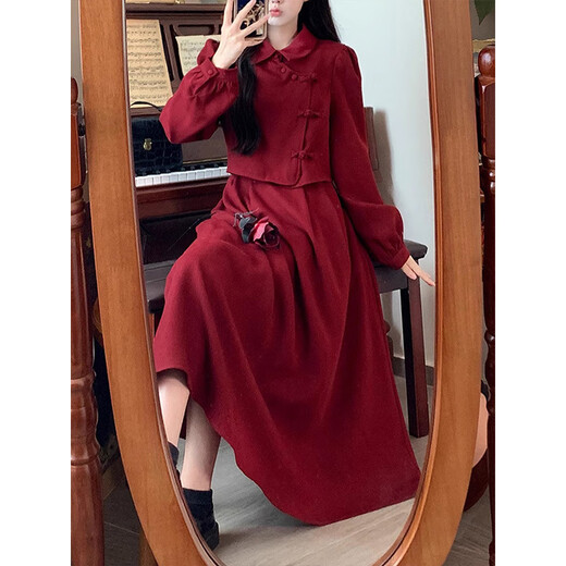 Hao'e Retro Red Dress Set Chinese Style Plate Button Red New Chinese Top Dress Two-piece Set Splicing Plate Button Dress Two-piece Set Red M
