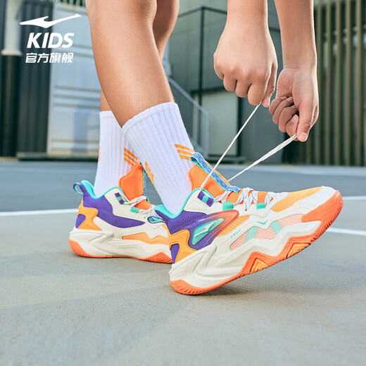 Hongxing Erke (ERKE) children's shoes children's basketball shoes spring men's and large children's strap cushioning sneakers microcrystalline white/beeswax orange 36