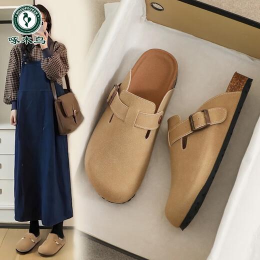 Specht Leder Birkenstock Schuhe für Frauen 2025 Frühling neuer dicker Doken Baotou Half-Slipper Sommerstil Soft-Soled Sandalen Khaki (683-1) 36