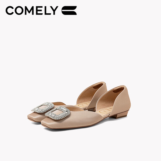 COMELY thick heel single shoes for women in summer shopping mall new versatile square buckle genuine leather flat-sole bag-toe sandals pink 37