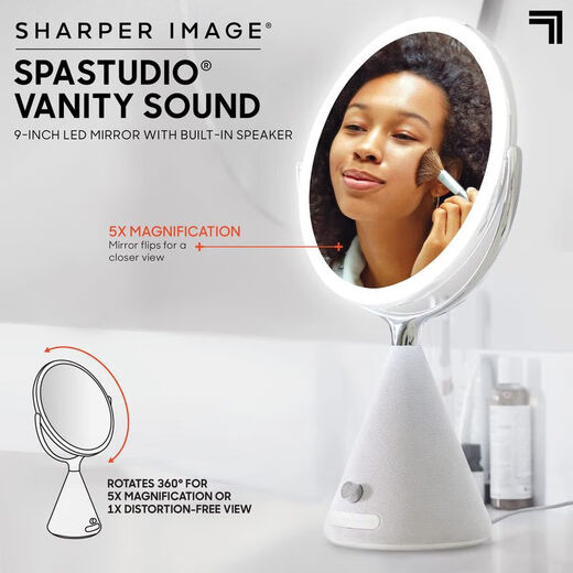 SHARPER IMAGE SPASTUDIO 9-inch double-sided vanity mirror with built-in speaker wireless Bluetooth 360 rotary touch control adjustable LED light white