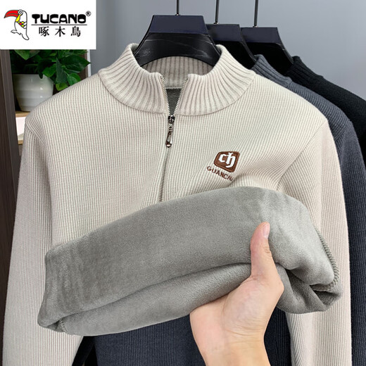 Woodpecker all-in-one velvet zipper half turtleneck men's sweater plus velvet thickened warm men's winter 2025 new thermal top beige plus velvet XL