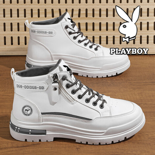Playboy (PLAYBOY) men's shoes high top spring and summer new 2025 casual retro thick sole height-enhancing breathable trendy leather shoes men's Martin boots white gray 844 39