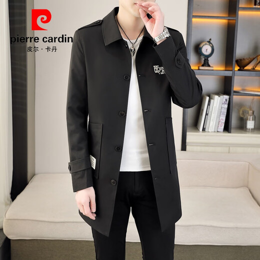 Pierre Cardin mid-length windbreaker for men 2026 spring and autumn Korean version slim trendy lapel thin coat youth handsome autumn wear black XL