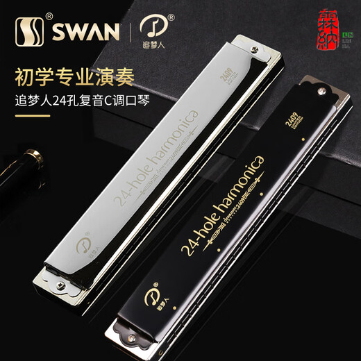 天鹅2409高端追梦人口琴成人复音C调24孔初学者入门g专用儿童 G调银色