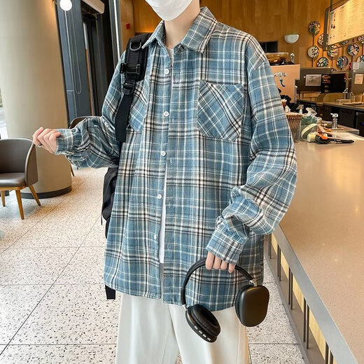 美式长袖衬衫男生春夏季宽松翻领格子衬衣复古潮流休闲百搭外套男 CRYZ687蓝色 M