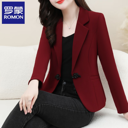 ROMON New Chinese Style Suit Jacket Women's Spring and Autumn New Fashion High-end Feminine Casual Professional Commuting Suit Top Burgundy 2XL Recommended 125-135 Jin Jin equals 0.5 kg