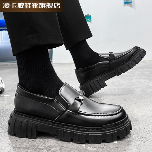 凌卡戚小皮鞋男年春季厚底增高一脚蹬懒人百搭休闲鞋英伦乐福鞋 JL-CL9901 黑色 39