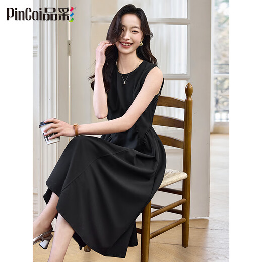 品彩（PinCai）连衣裙女气质高级感港风黑色连衣裙圆领无袖长款背心裙P52Q014
