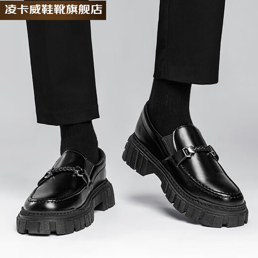 凌卡戚小皮鞋男年春季厚底增高一脚蹬懒人百搭休闲鞋英伦乐福鞋 JL-CL9901 黑色 39