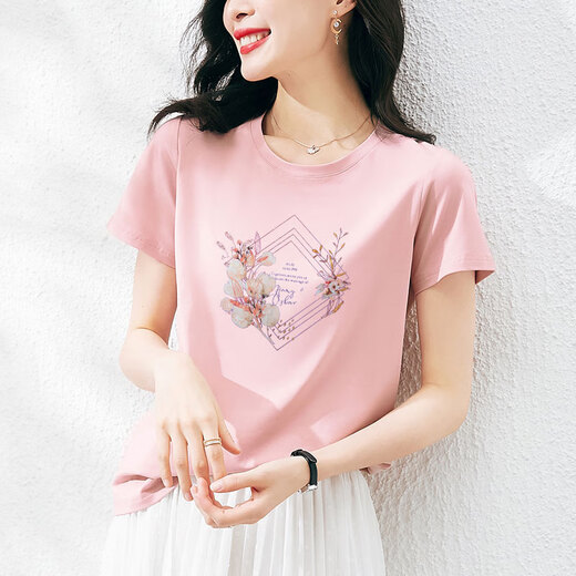 子耳气质女士短袖高档女时尚一点2025广州十三行夏季纯棉t恤宽松衫 6172灰粉 短.袖 M （建议80至105斤）