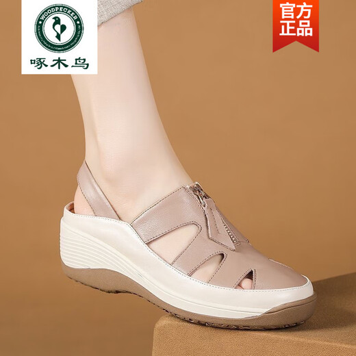 
Woodpecker 2025 summer new style sandals for women without tired feet and soft soles mother leather shoes genuine leather wedge women's shoes breathable shoes 688丨Bei white 39