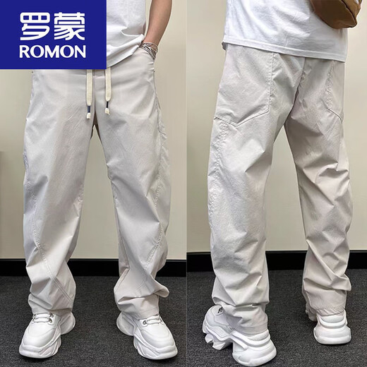 罗蒙（ROMON）弯刀裤男士春秋薄款速干休闲裤直筒宽松阔腿裤显高显瘦痞帅哈伦裤 米白色 145-165斤 XL